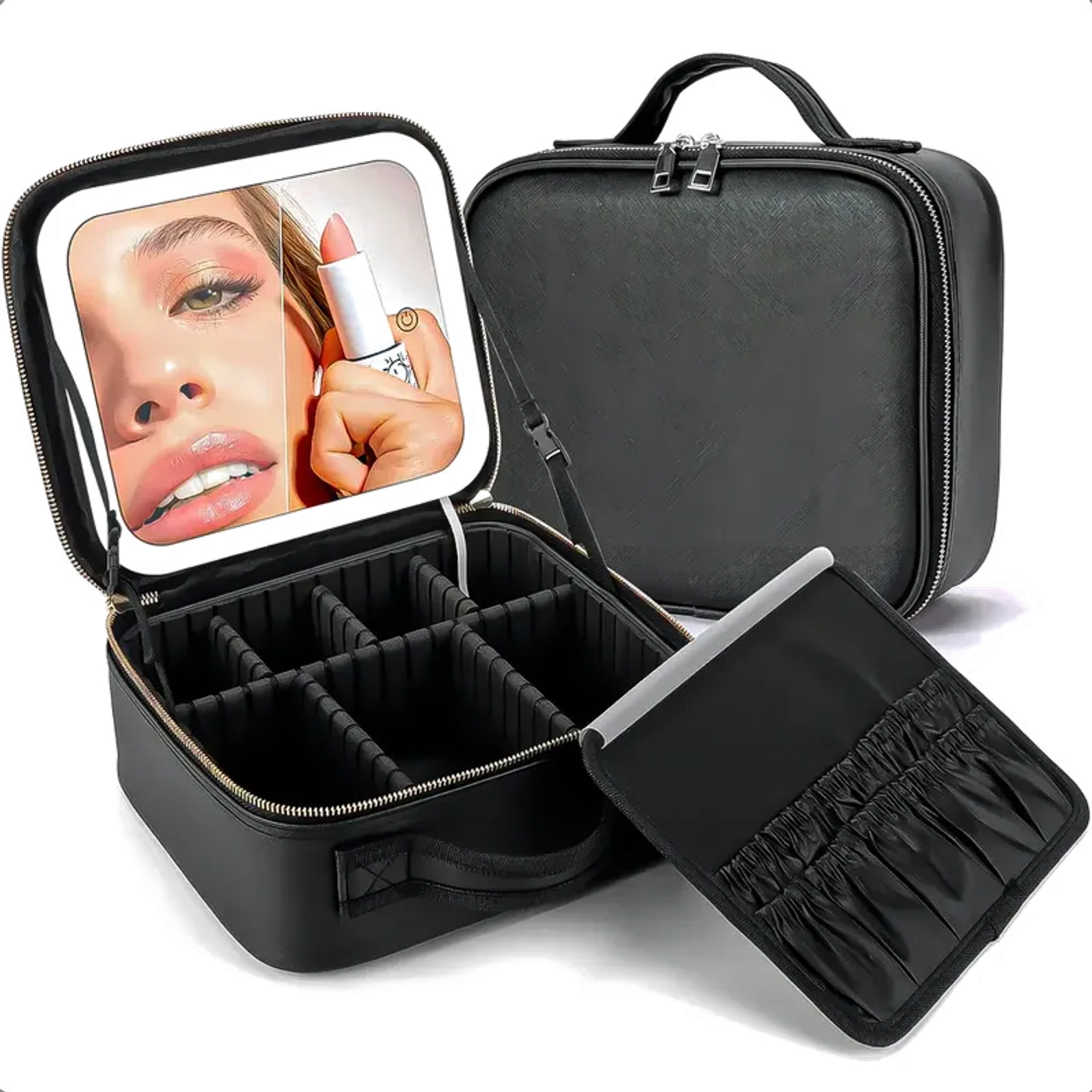 Maleta cosmetiquero negro con espejo LED sin fondo - portada