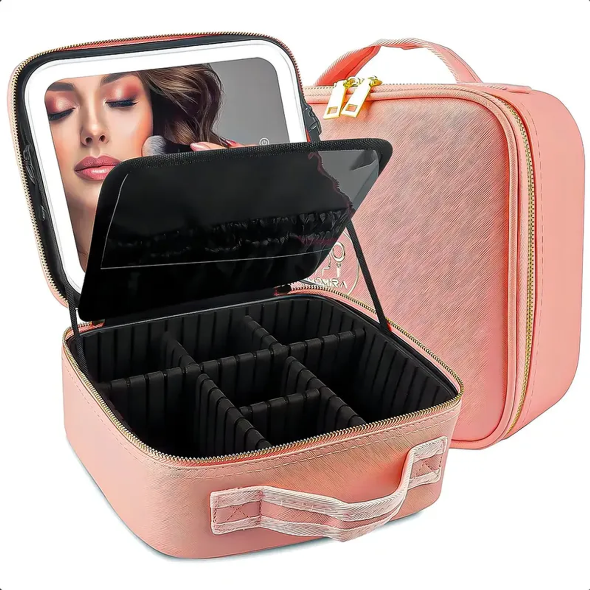 Maleta cosmetiquero rosa abierta con espejo LED