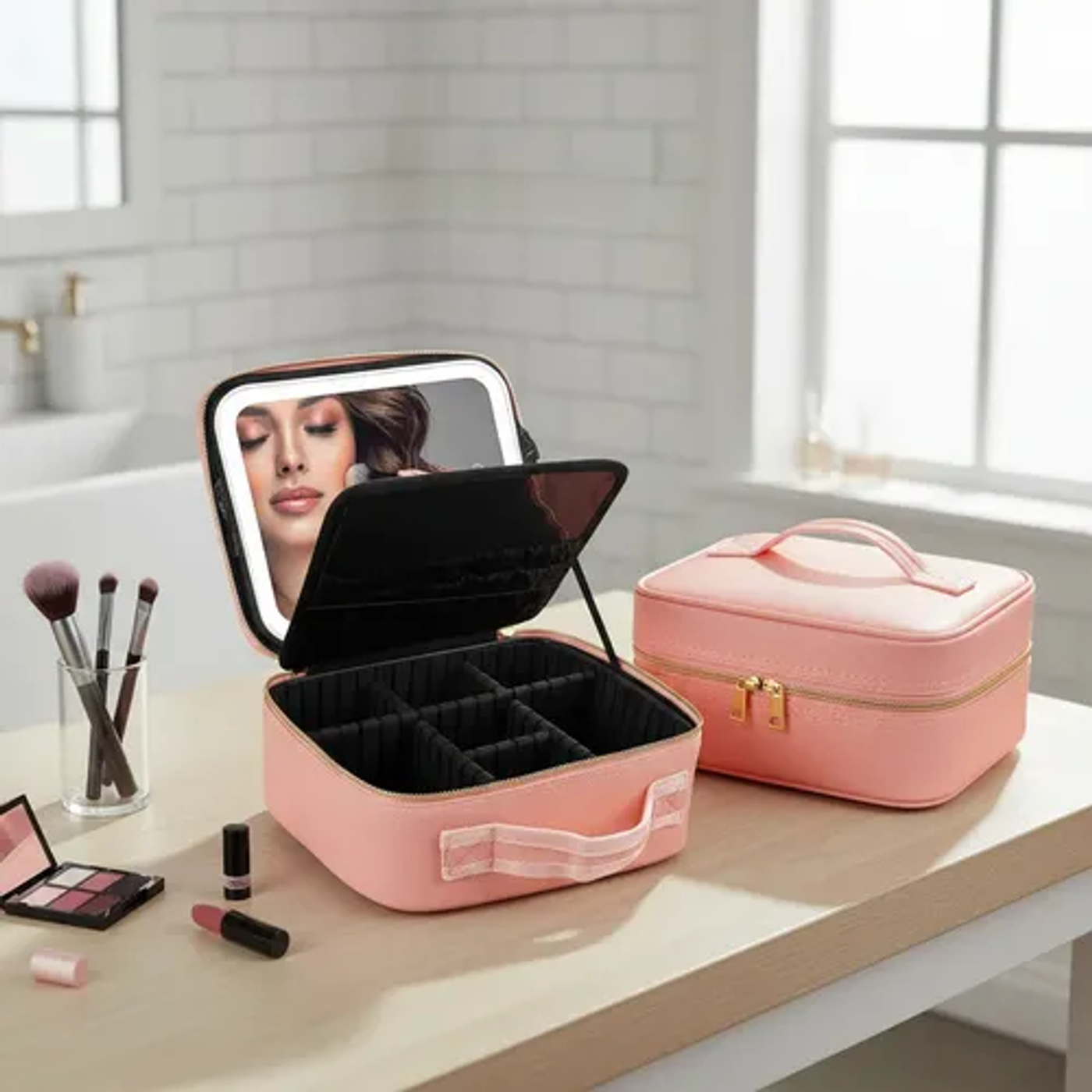 Maleta cosmetiquero rosa en tocador