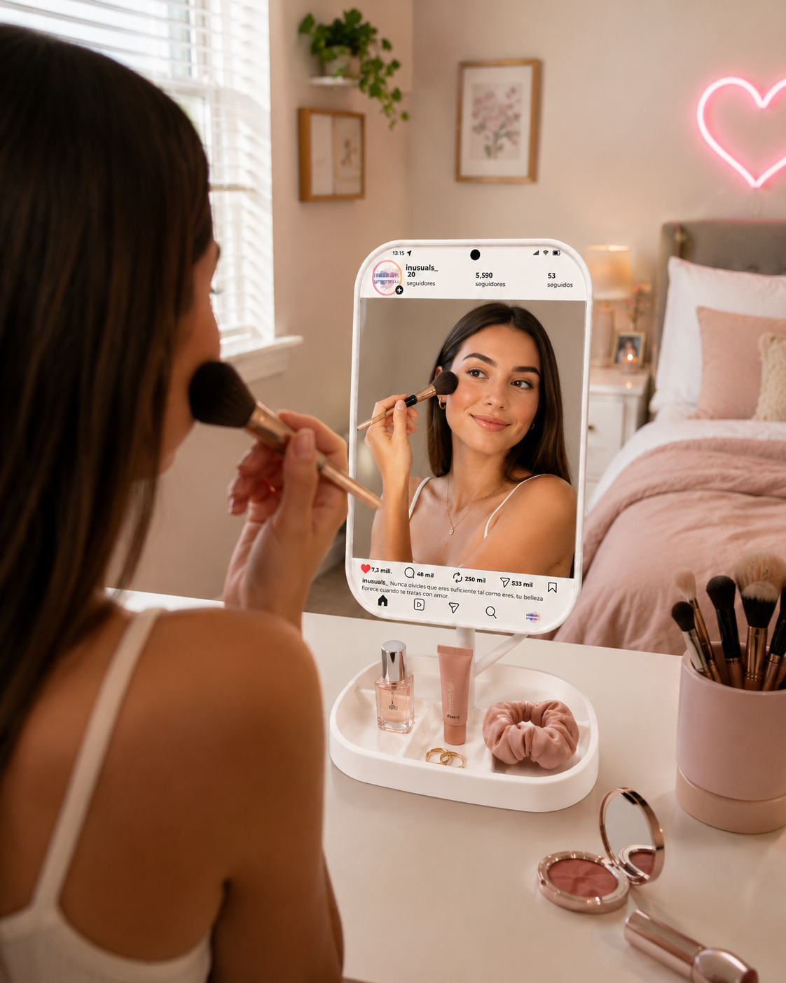 Espejo Instagram LED personalizable compacto