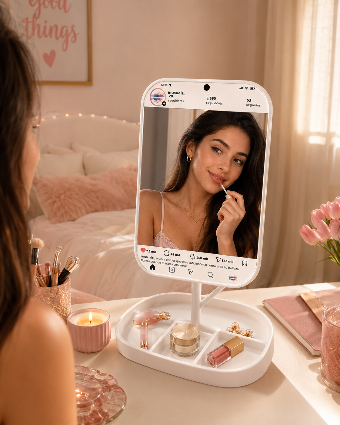 Espejo Instagram LED personalizable compacto