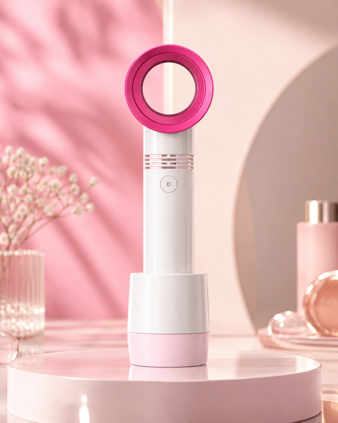 Mini ventilador secador de pesta?as rosado y blanco en tocador