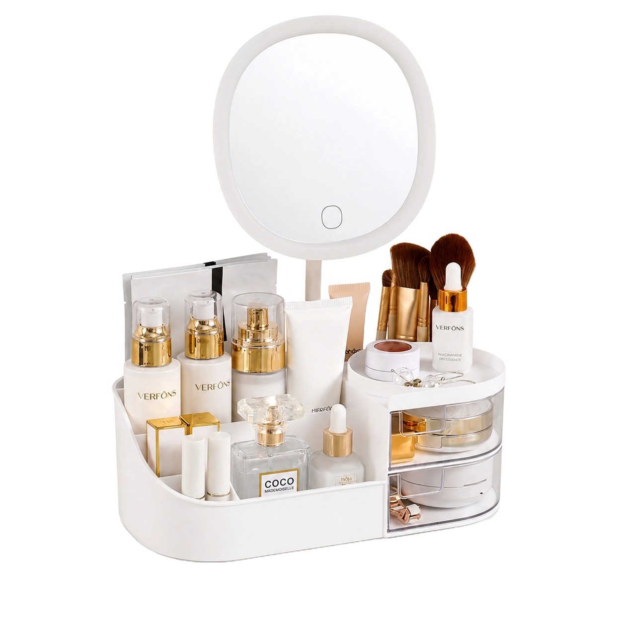 Organizador de maquillaje con espejo LED sin fondo - portada