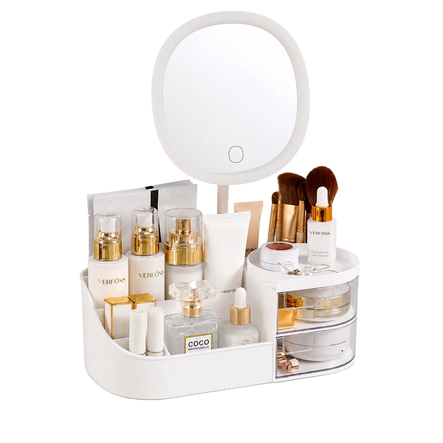 Organizador de maquillaje con espejo LED sin fondo - portada
