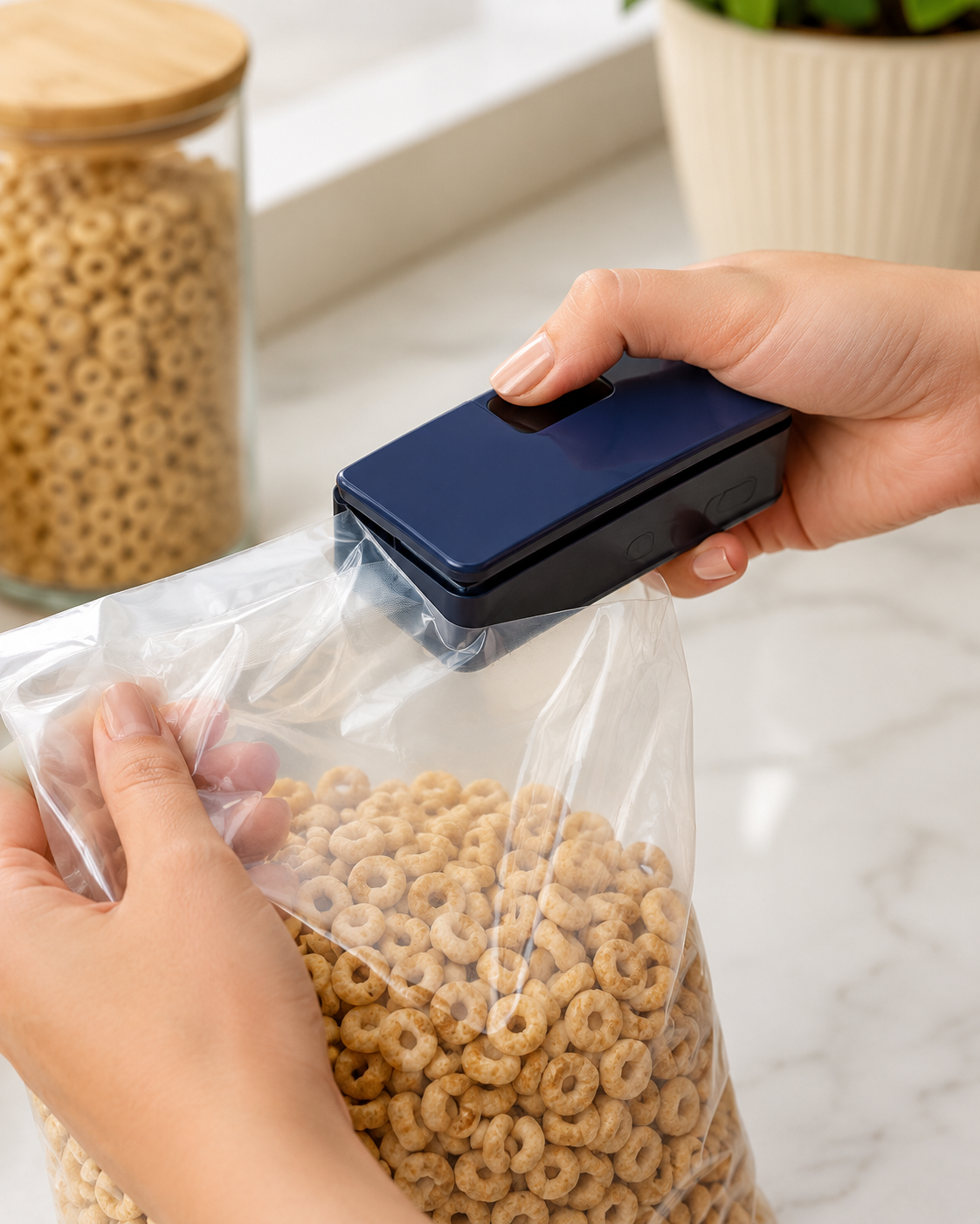Sellador de bolsas portátil sellando una bolsa de cereal