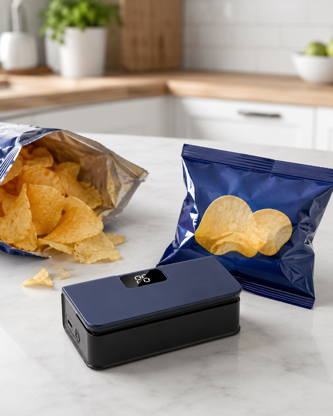 Sellador de bolsas portátil con papas fritas y snacks